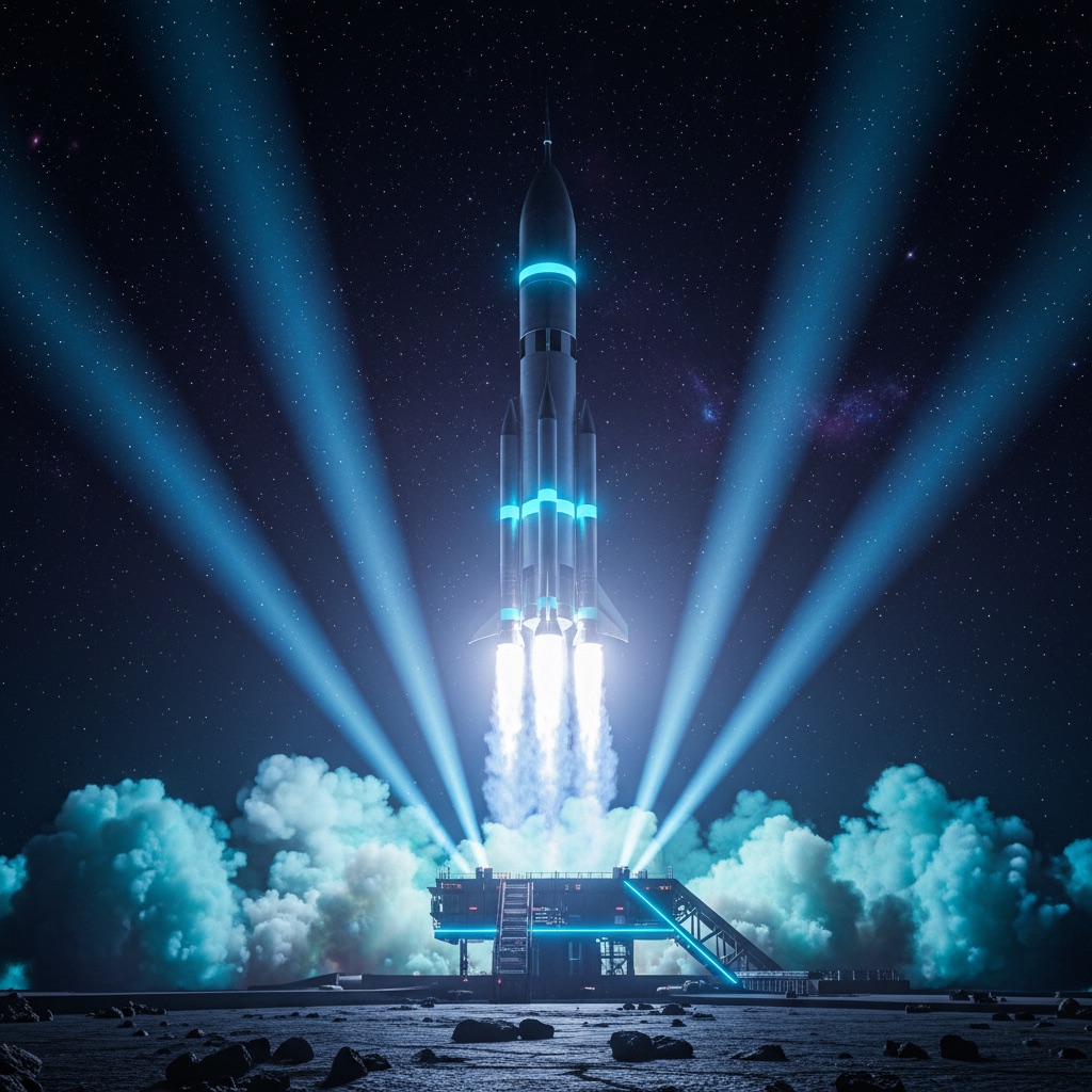A rocket launching into a starry night sky